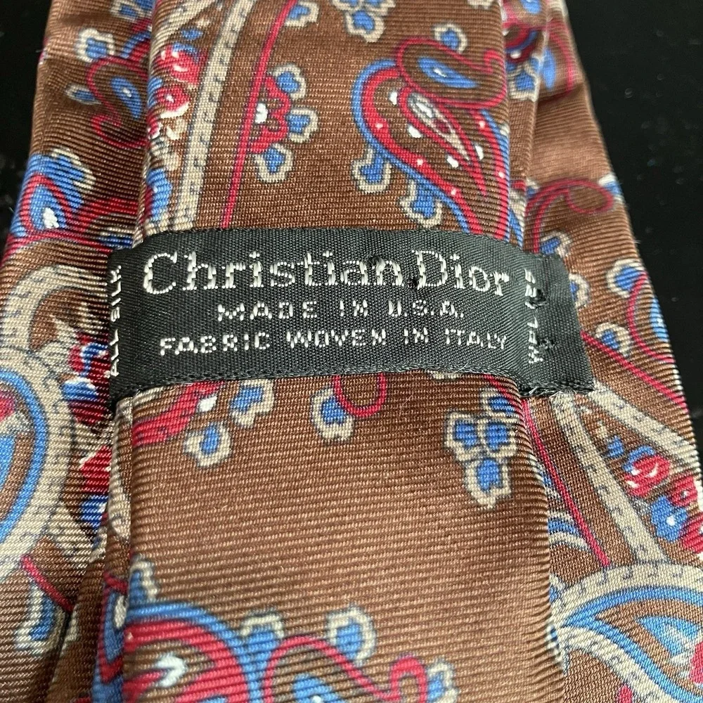 Christian Dior 100% Silk Paisley Necktie Brown Red Blue Made USA Woven Italy